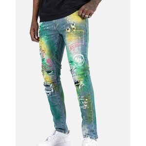 Smoke Rise Mens Jeans Distressed Graffiti Art Wash Paint Splatter Slim‎ Fit 44